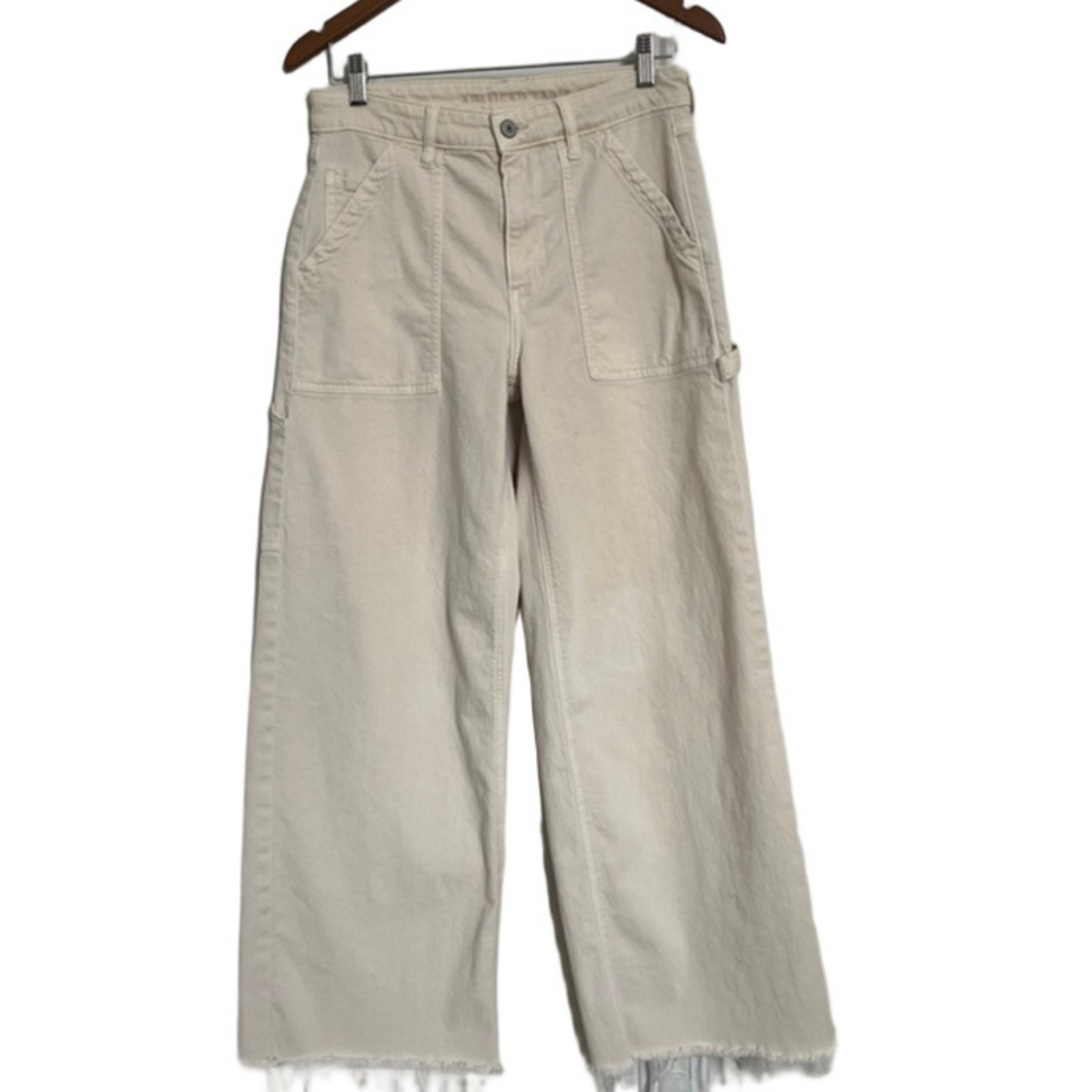Beige Wide Leg Carpenter Pants High Rise Off White Raw Hem American Eagle Pants - Picture 1 of 7